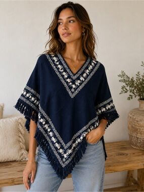 Mexican Embroidered Handmade Fringe Poncho
